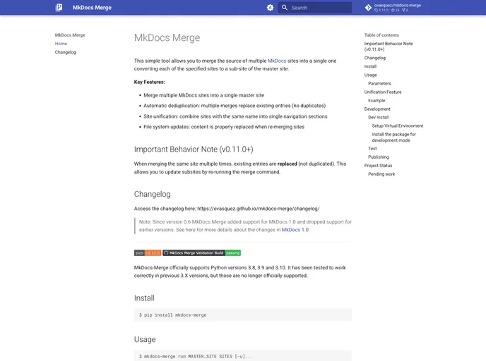 screenshot of Mkdocs Merge