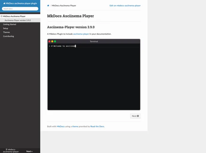 screenshot of Mkdocs Asciinema Player