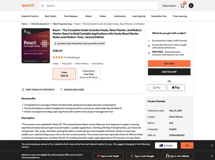 screenshot of React The Complete Guide Includes Hooks React Router And Redux Second Edition