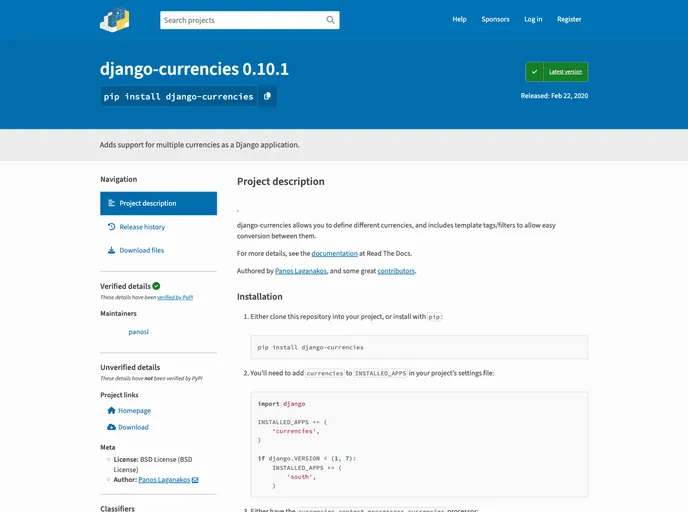 screenshot of Django Currencies