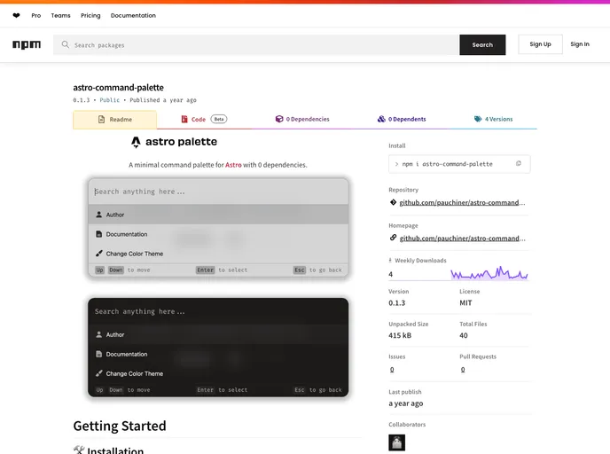 screenshot of Astro Command Palette