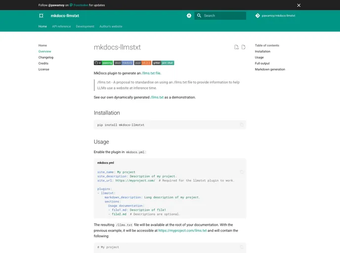 screenshot of Mkdocs Llmstxt