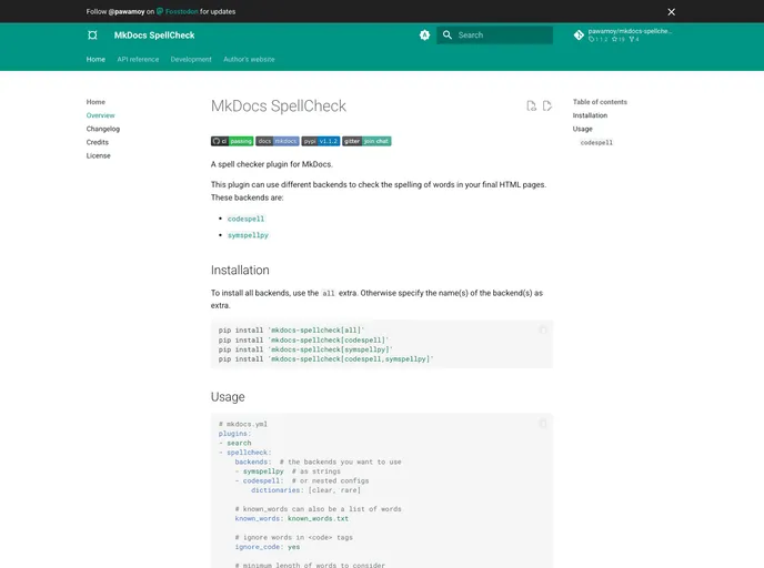 screenshot of Mkdocs Spellcheck