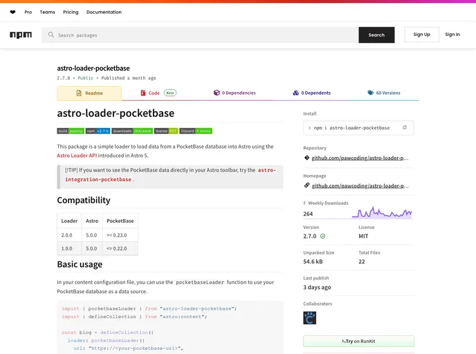 screenshot of Astro Loader Pocketbase