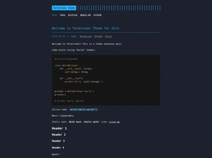 screenshot of Zola Theme Terminimal