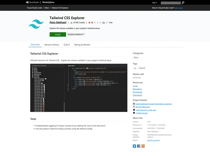 screenshot of Vscode Tailwindcss Explorer