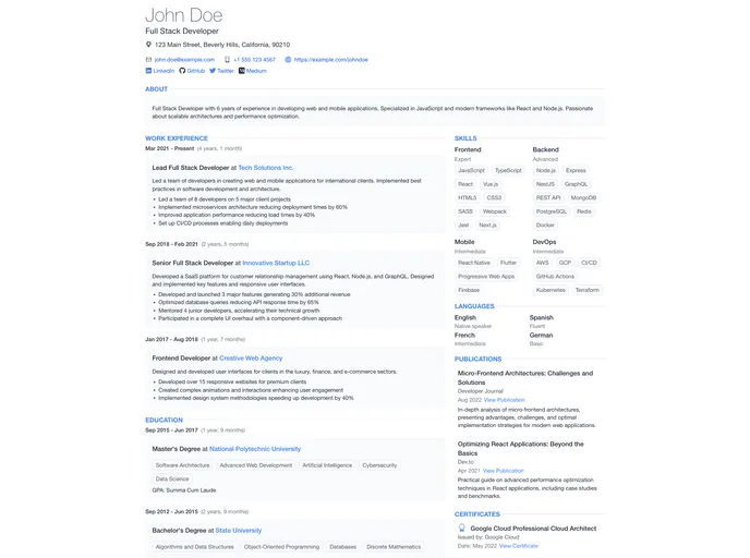 screenshot of Jsonresume Theme React
