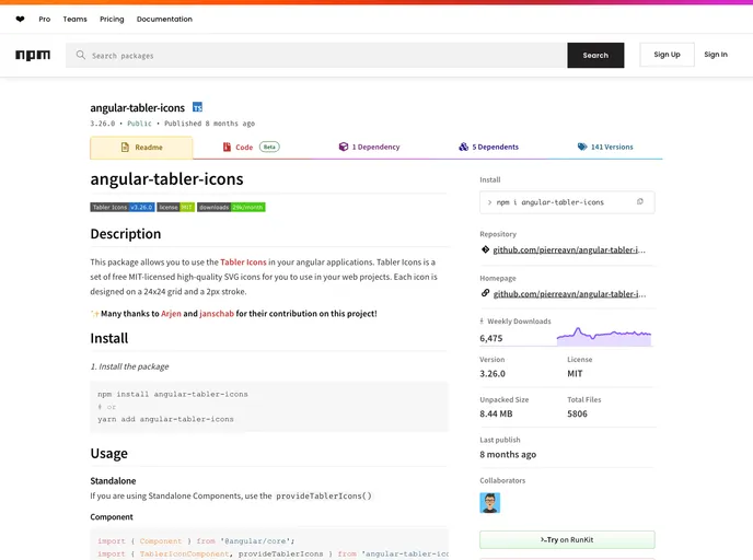 screenshot of Angular Tabler Icons