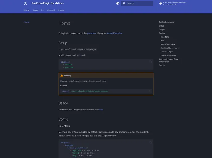 screenshot of Mkdocs Panzoom