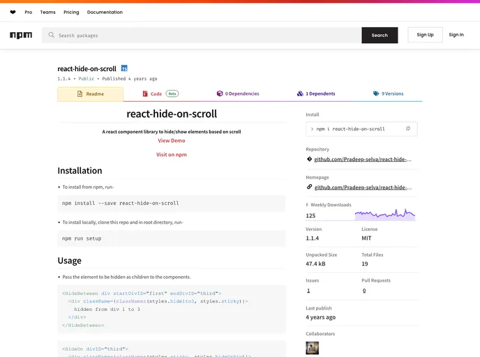 screenshot of React Hide On Scroll