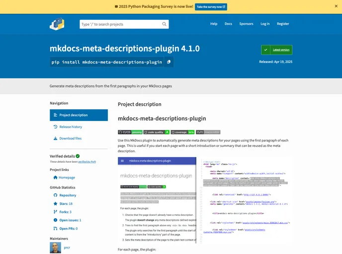 screenshot of Mkdocs Meta Descriptions Plugin