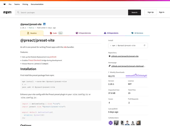 screenshot of Preset Vite