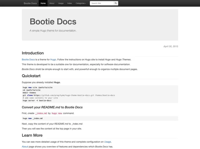 screenshot of Hugo Theme Bootie Docs