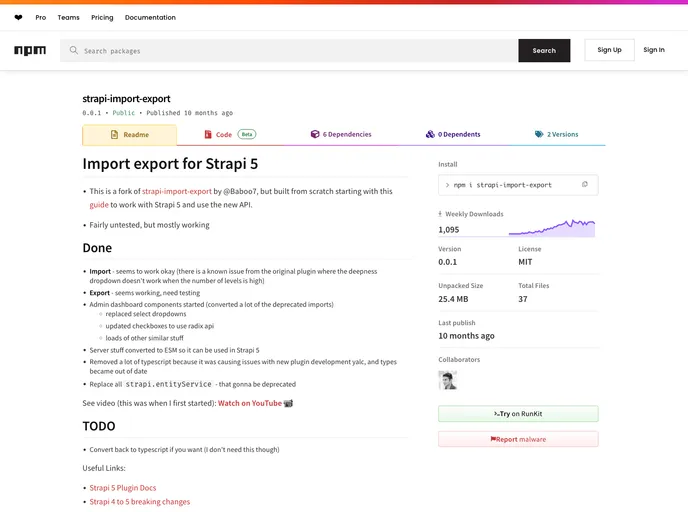 screenshot of Strapi Import Export