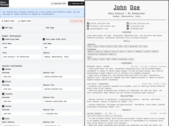 screenshot of Mono Resume