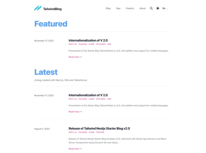 Tailwind Nextjs Starter Blog I18n screenshot