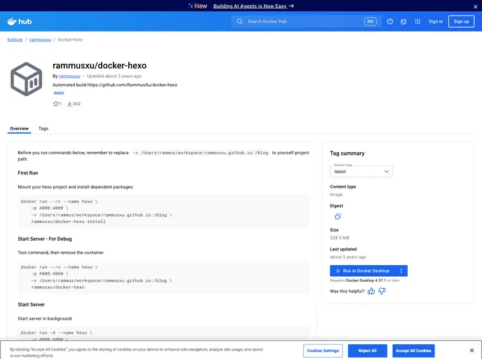 screenshot of Docker Hexo