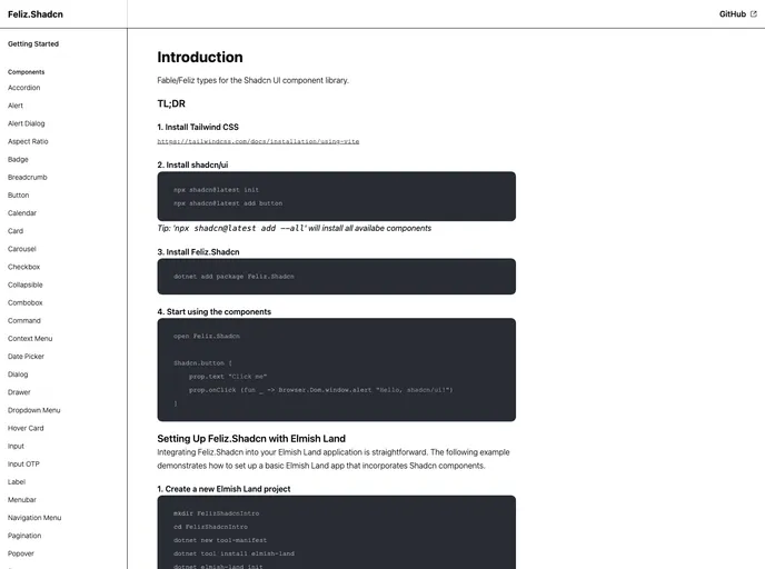 screenshot of Feliz.Shadcn
