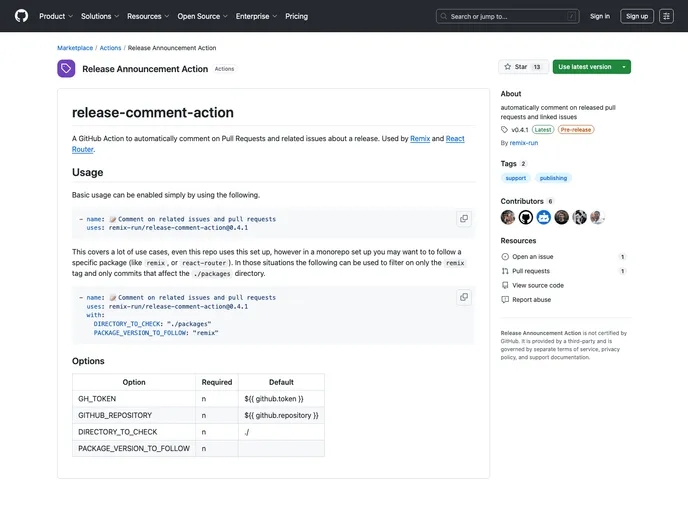 screenshot of Release Comment Action