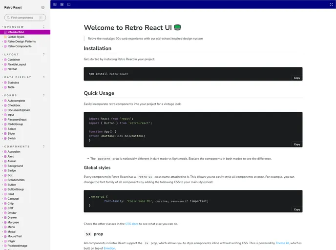screenshot of Retro React