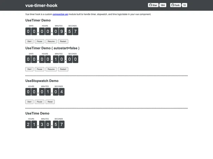 screenshot of Vue Timer Hook