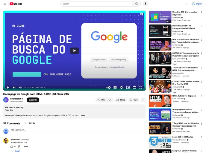 screenshot of Youtube Clone Google Homepage