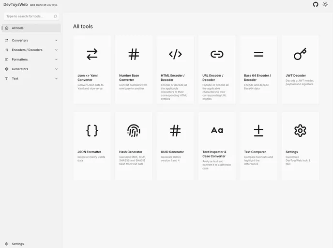 screenshot of DevToysWeb