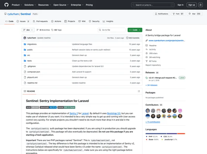 screenshot of Sentinel