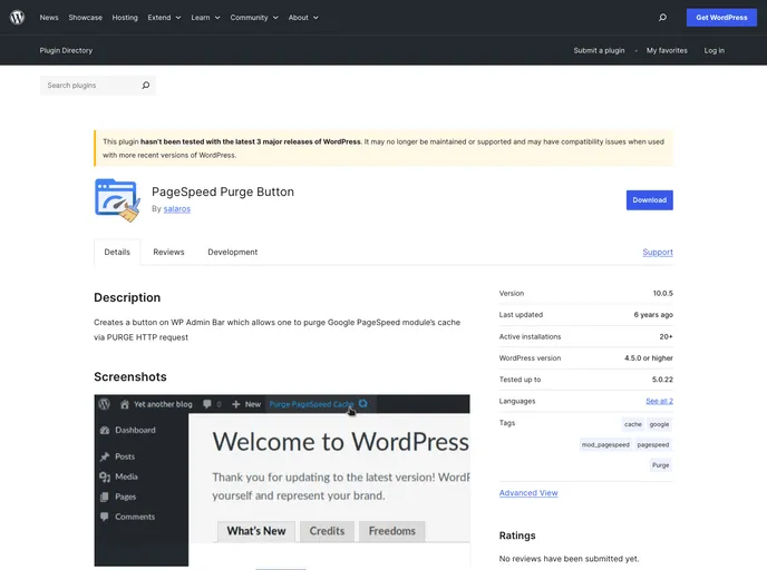 screenshot of Wp Purge Pagespeed Button