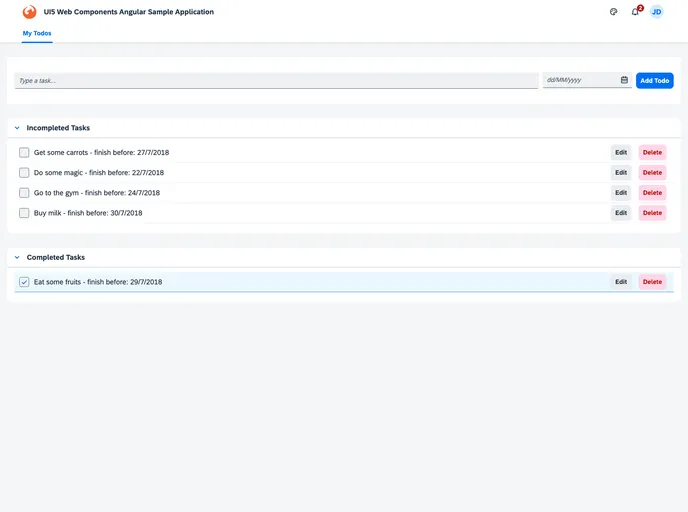 screenshot of Ui5 Webcomponents Sample Angular