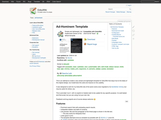 screenshot of Dokuwiki Template Ad Hominem