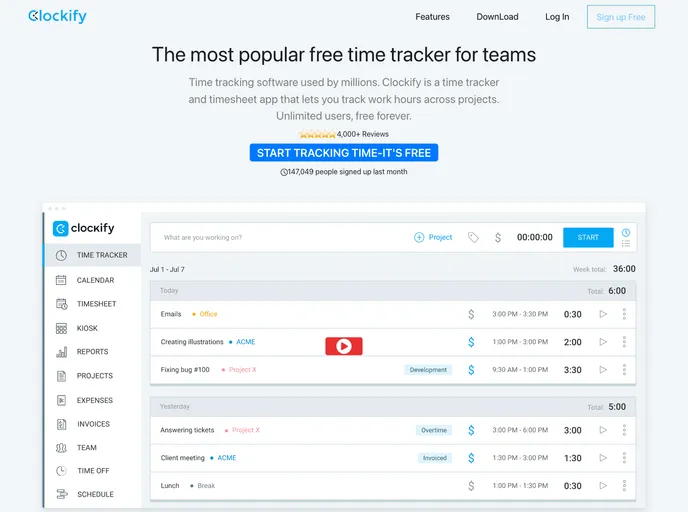 screenshot of Clockify