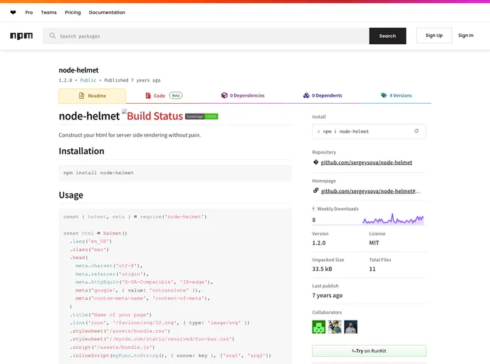 screenshot of Node Helmet
