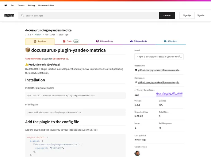 screenshot of Docusaurus Plugin Yandex Metrica