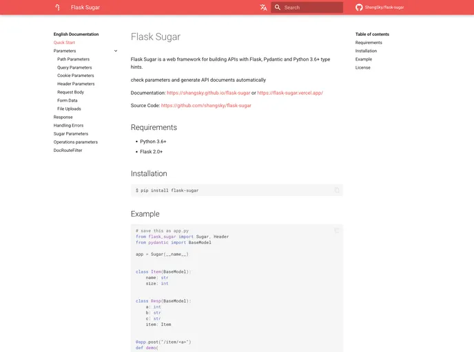 screenshot of Flask Sugar