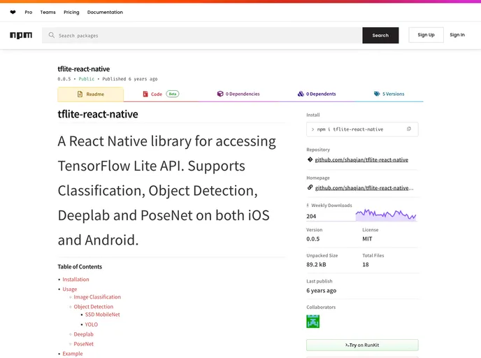 screenshot of Tflite React Native
