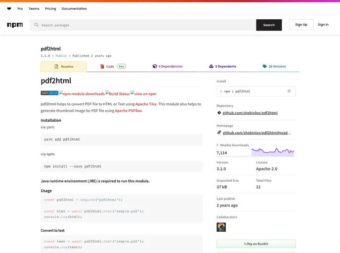 screenshot of Pdf2html