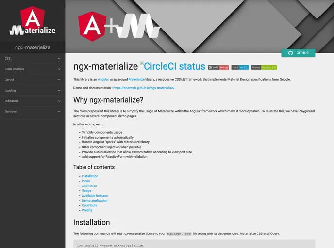 screenshot of Ngx Materialize