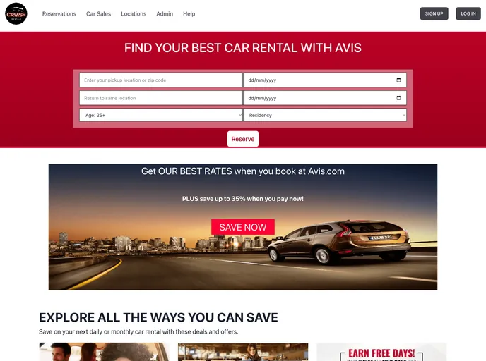 screenshot of Avis Rentals