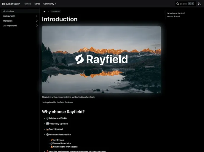 screenshot of Rayfield Docs