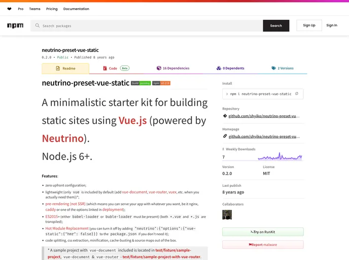 screenshot of Neutrino Preset Vue Static