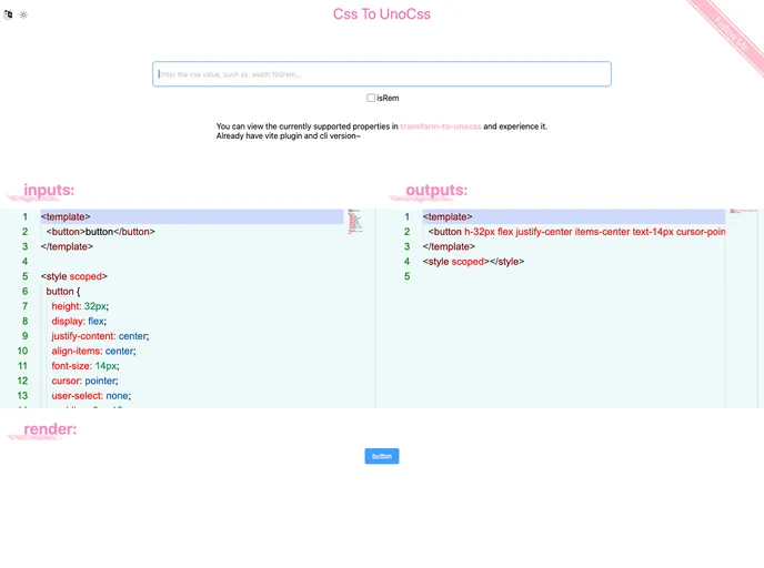 screenshot of TransformToUnoCSS