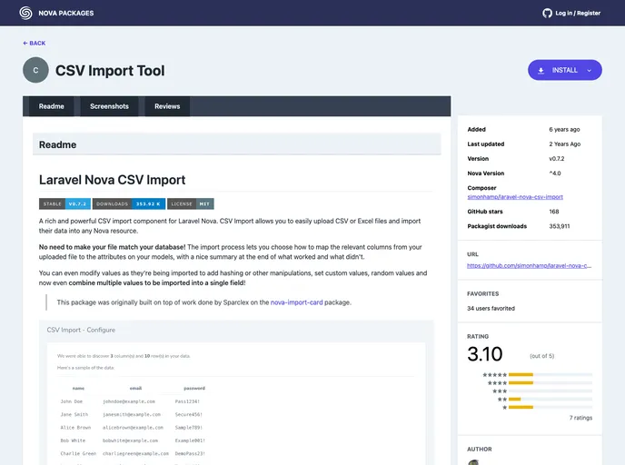 screenshot of Laravel Nova Csv Import