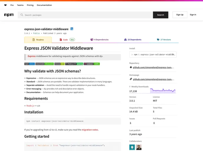 screenshot of Express Json Validator Middleware