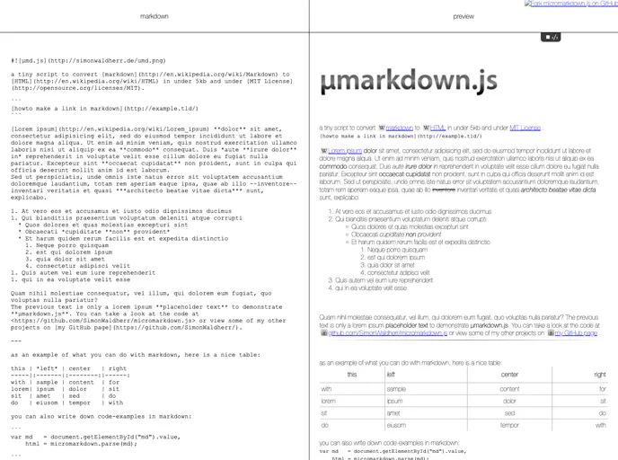 screenshot of Micromarkdown.js