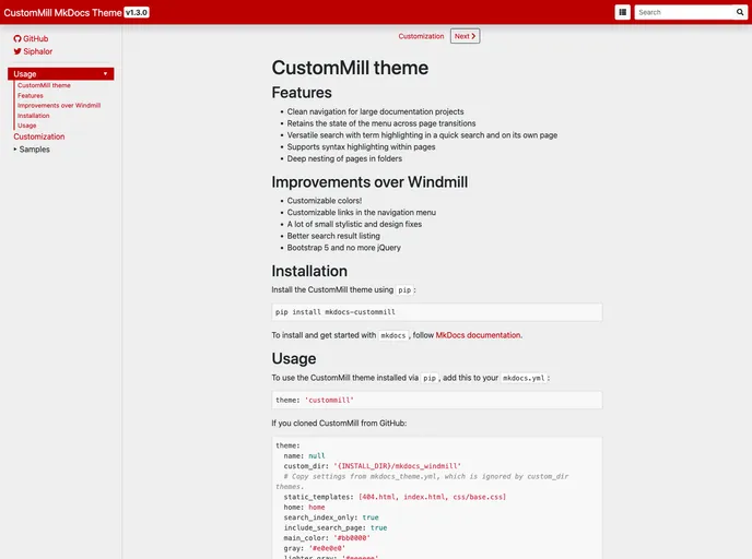 screenshot of Mkdocs Custommill
