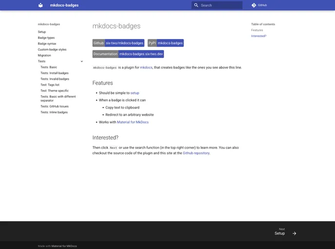 screenshot of Mkdocs Badges