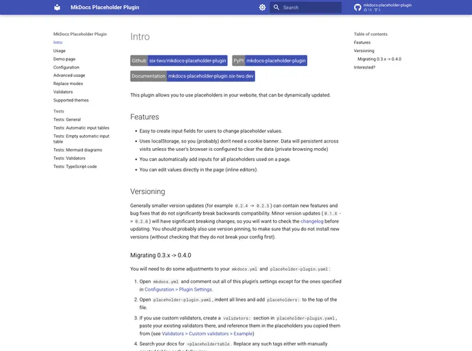 screenshot of Mkdocs Placeholder Plugin