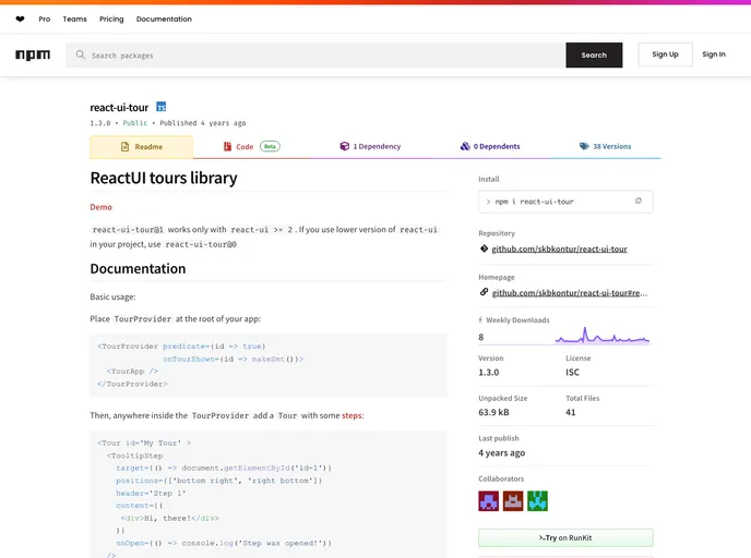 screenshot of React UI Tour