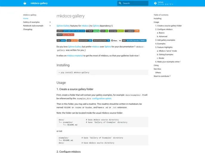 screenshot of Mkdocs Gallery